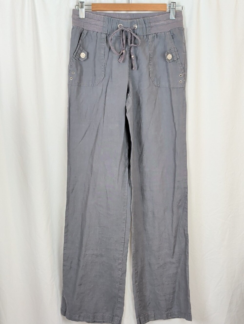 GUESS Grey 100% Linen Drawstring Ribbed Waist Wide Leg Pants Small